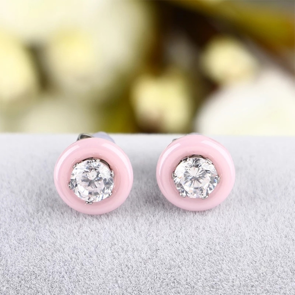 NEW Pink Minimalist 9mm Ceramic Diamond Earrings - Picture 4 of 8